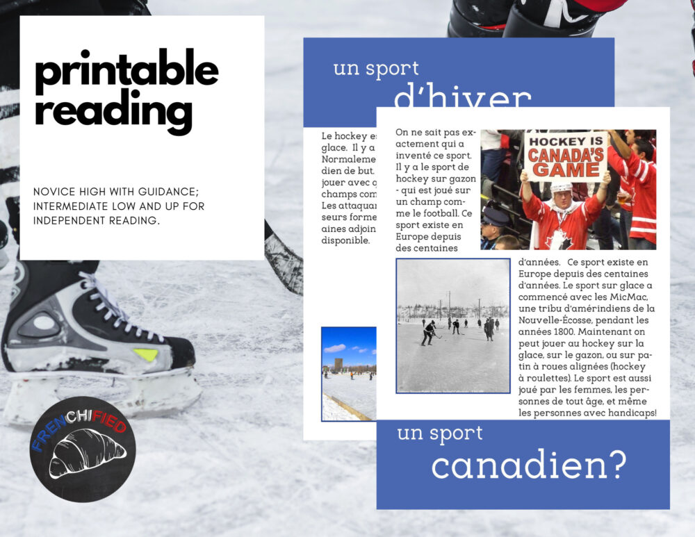 le Hockey beginning/intermediate French hockey reading comprehension & activities