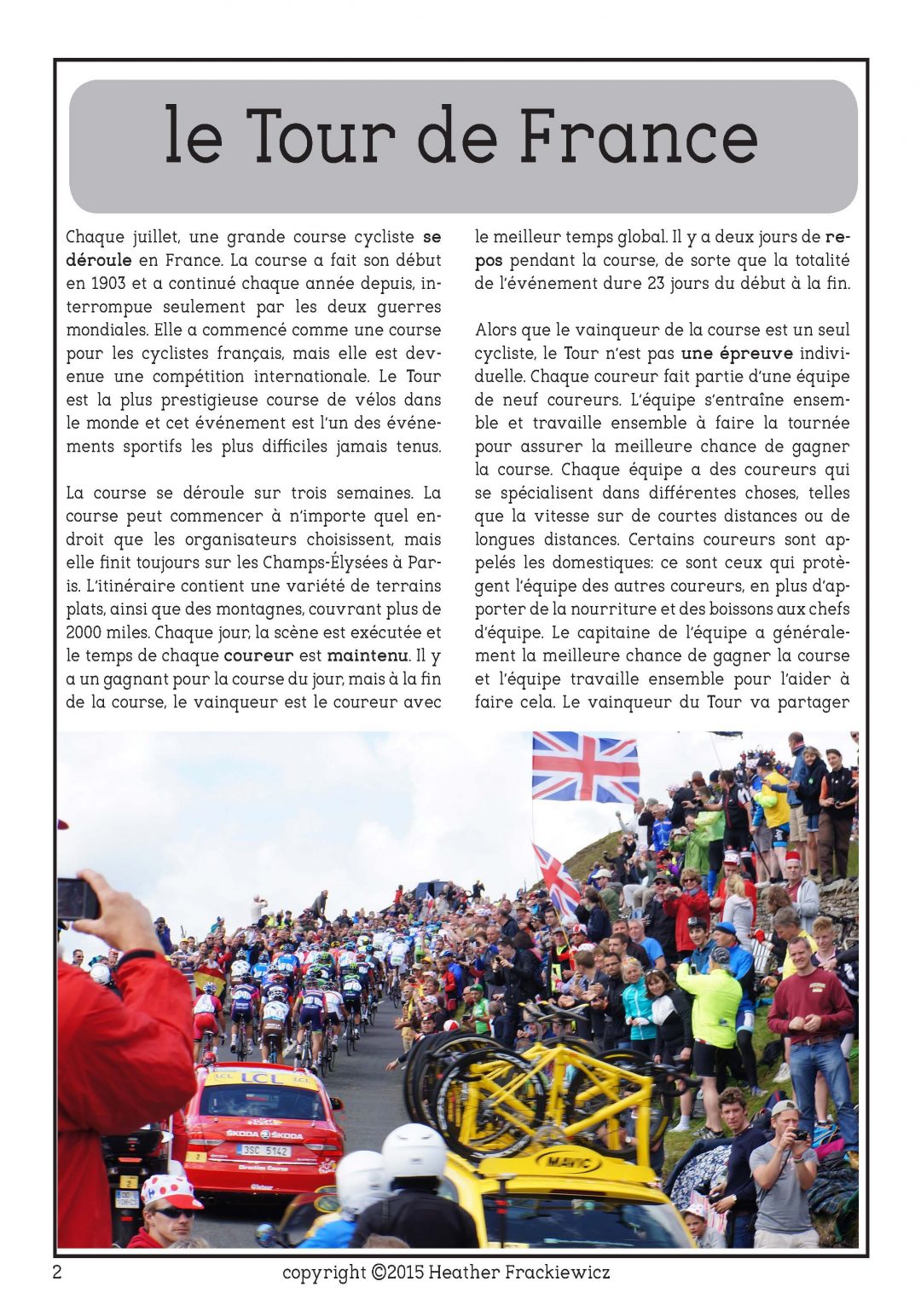 Le Tour de France French reading comprehension activity