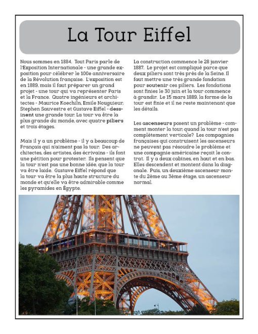 La Tour Eiffel French reading comprehension activity