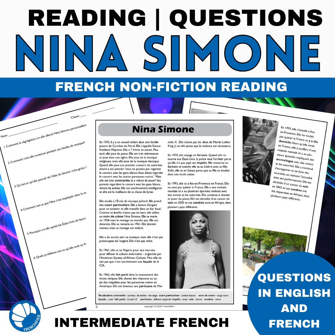 Nina Simone French reading comprehension activity 1 Nina Simone French reading