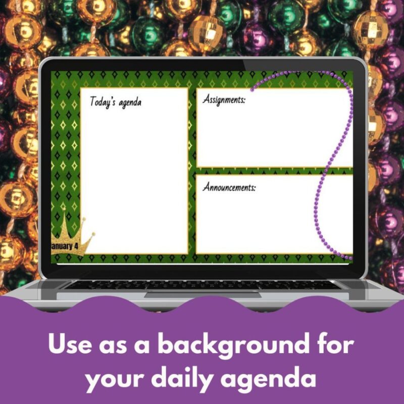 Mardi Gras agenda slides for Google/Powerpoint/Smartboard