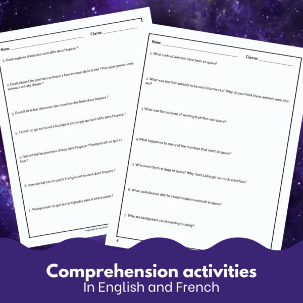 Animals in Space French reading comprehension activity