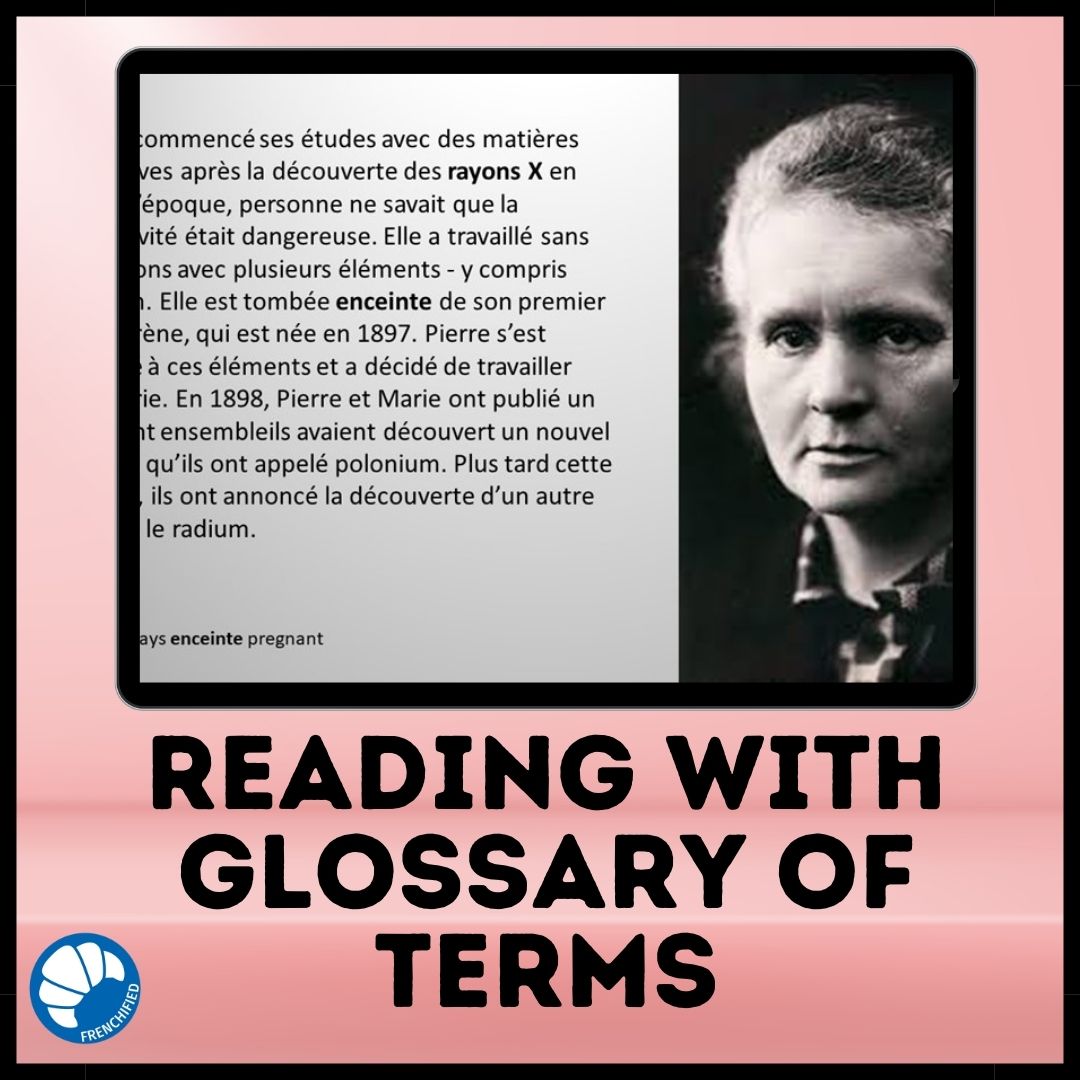 Alternative view of Marie Curie French reading activity for Google™ drive
