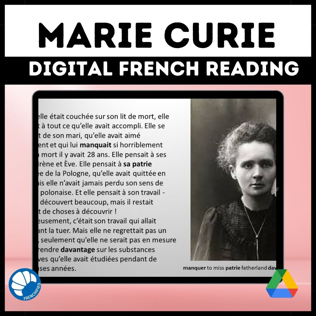 Marie Curie French reading activity for Google™ drive