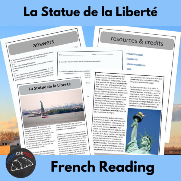 Statue of Liberty French reading comprehension activity - print