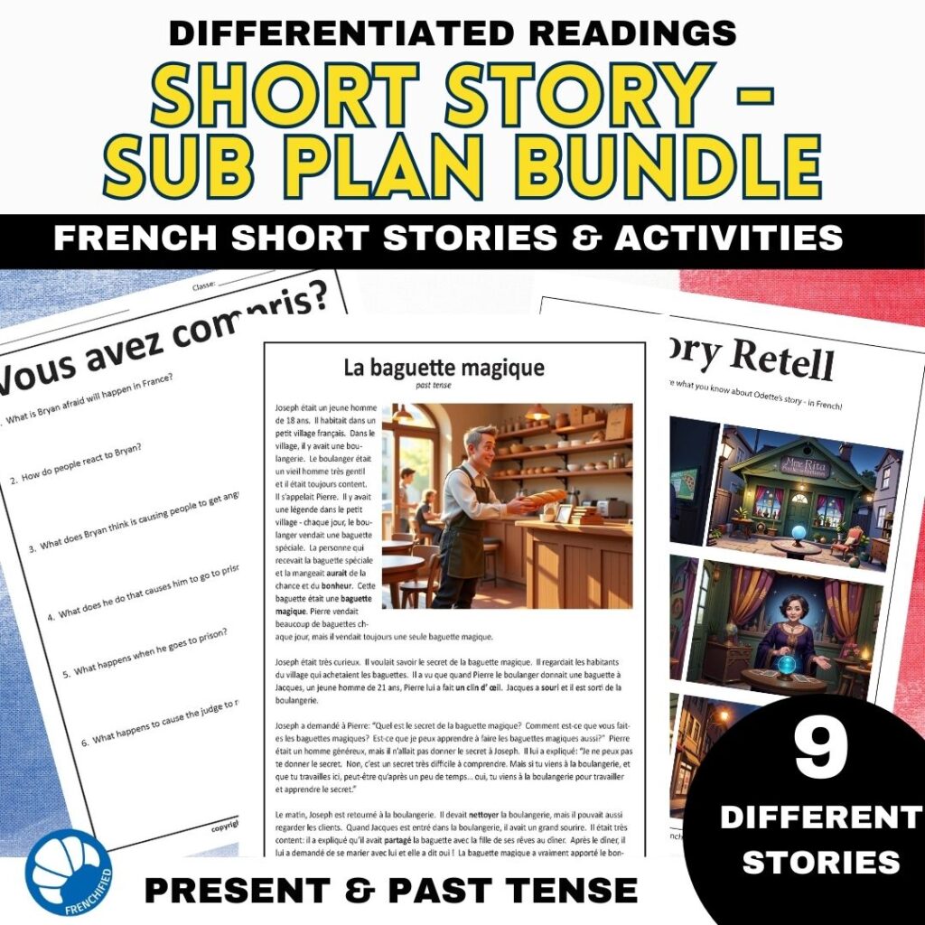 French reading comprehension - French sub plans and short stories 19 French short story bundle - French sub plans