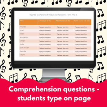 Euro song contest Google™ slides French reading comprehension activity