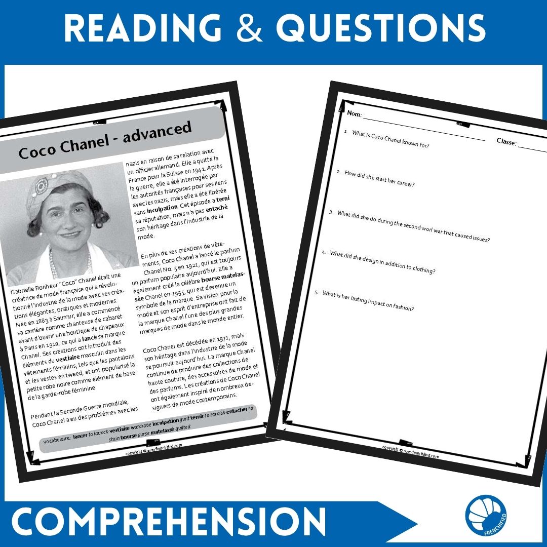 Coco Chanel French reading comprehension activity 2 Coco Chanel French reading comprehension activity - Image 2