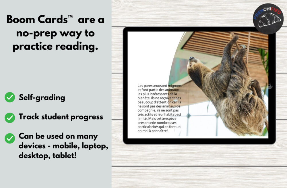 Sloths French reading comprehension for Boom™ cards