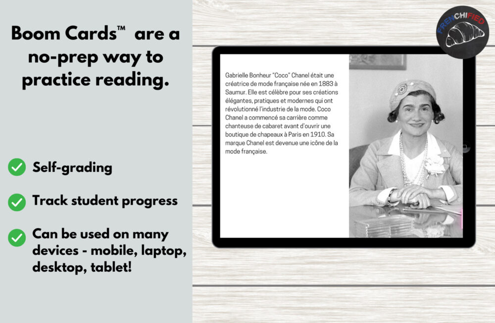 Coco Chanel French reading comprehension for Boom™ cards