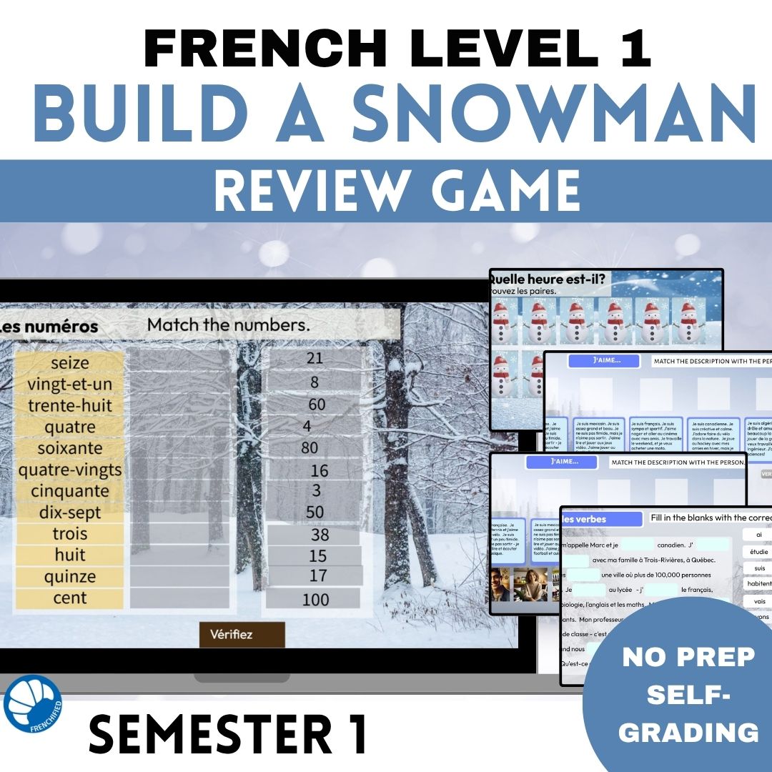 French semester 1 review game - beginning French review snowman game 1 French semester 1 review game