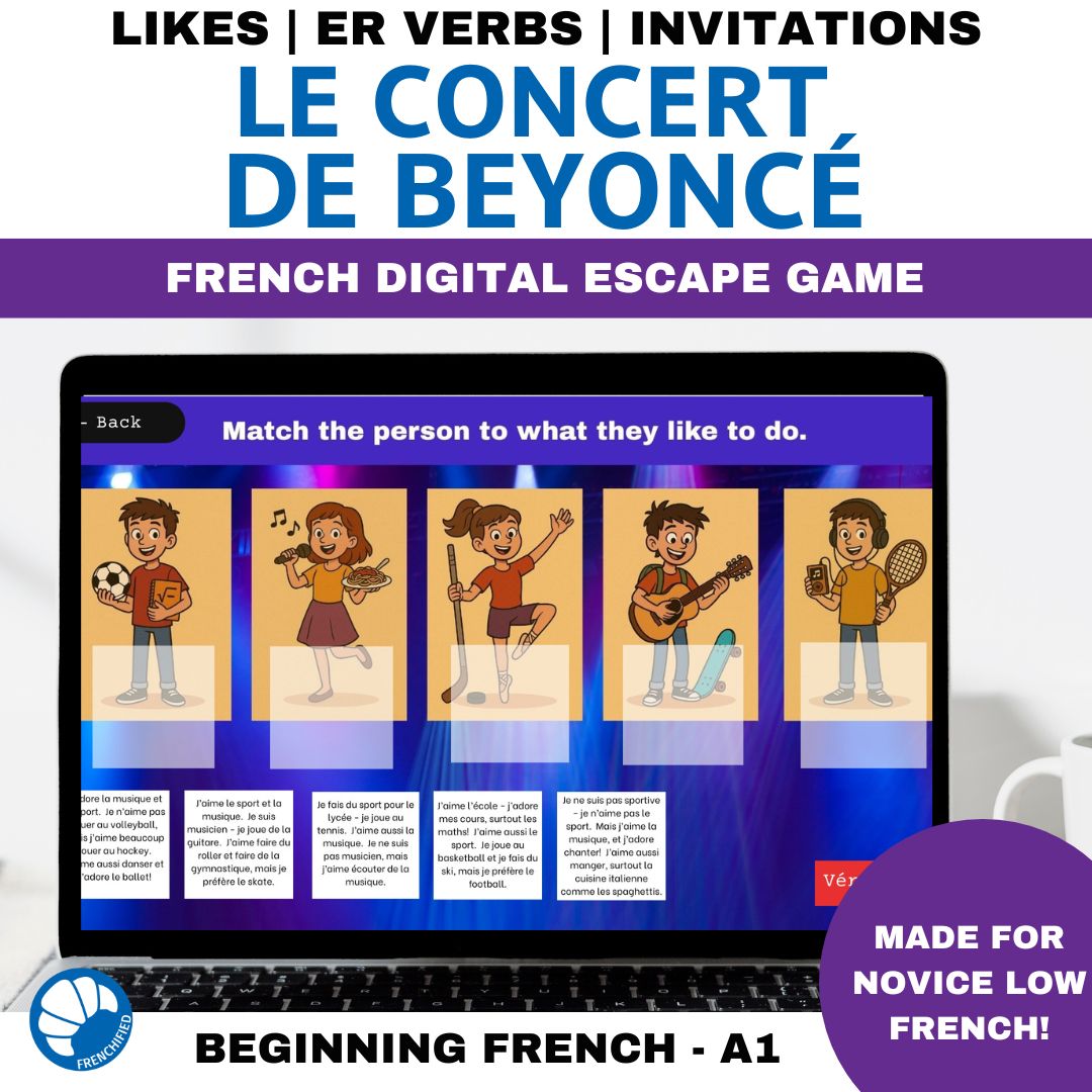 French invitations, likes/dislikes, ER verbs - Novice Low Beginning French escape game 1 French invitations escape game
