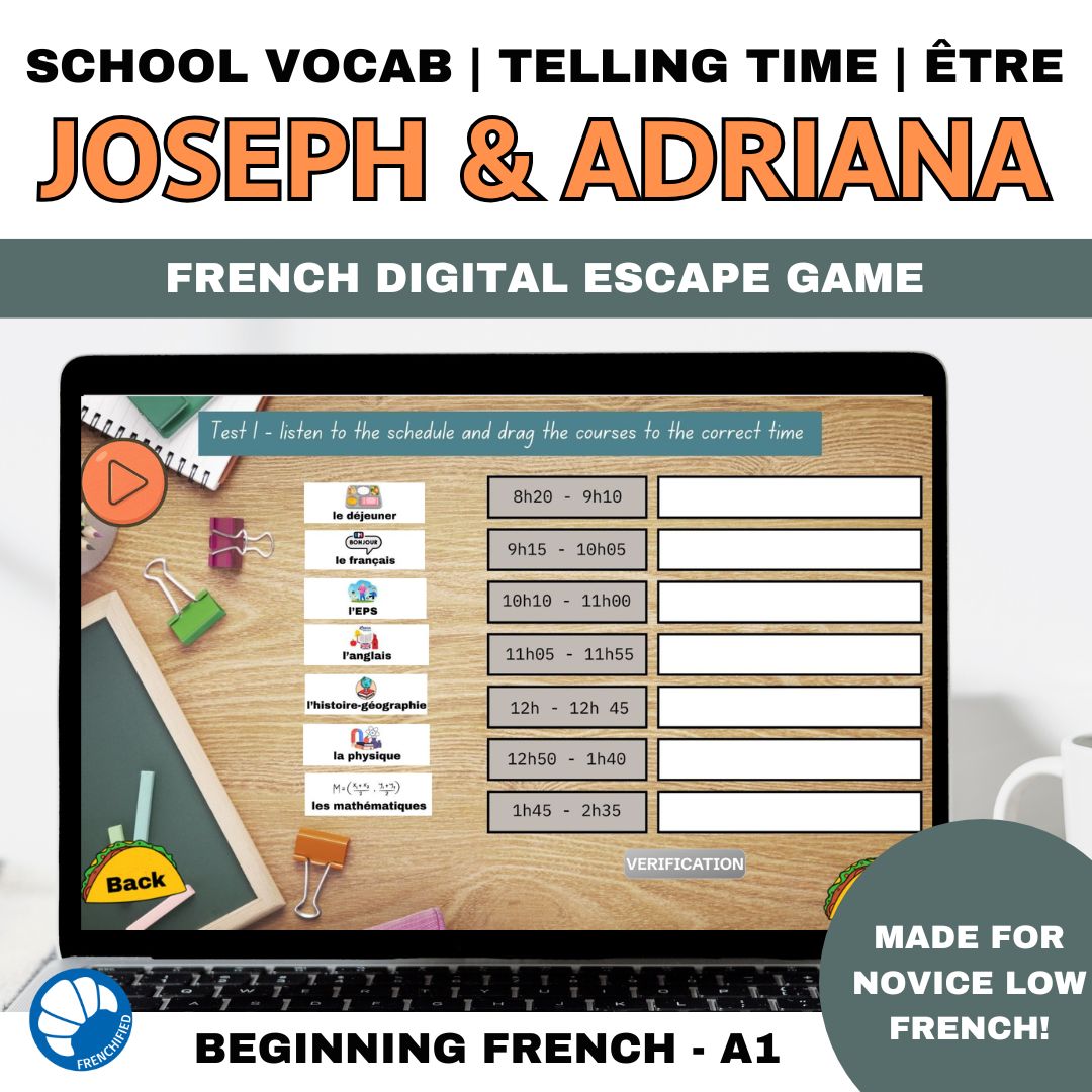Novice Low Beginning French School escape game - school, telling time, numbers, être 1 French school digital escape game