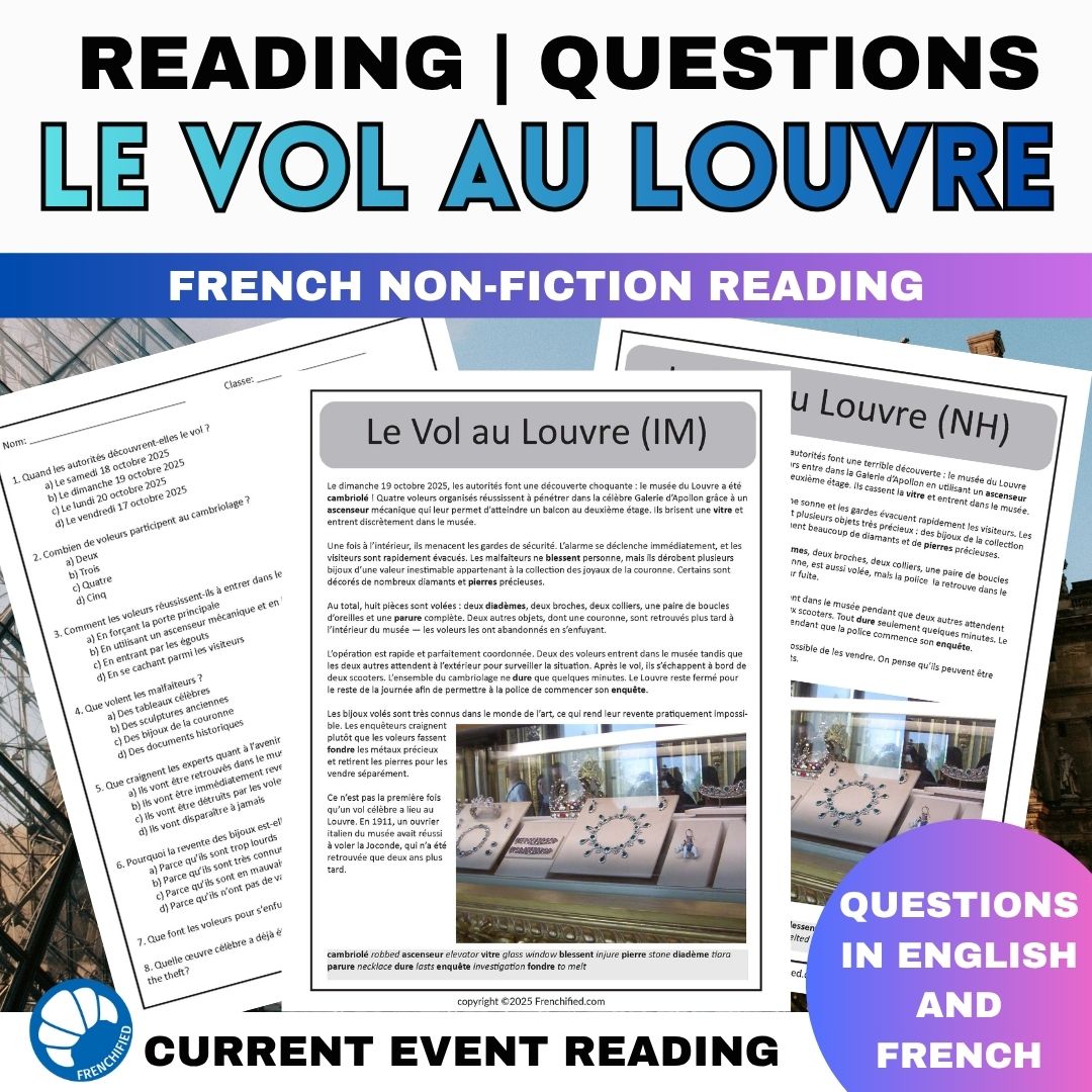 Louvre theft - French reading about jewelry heist - three different versions 1 Louvre theft reading activity