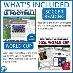 French Soccer activities le football reading comprehension and vocabulary bundle