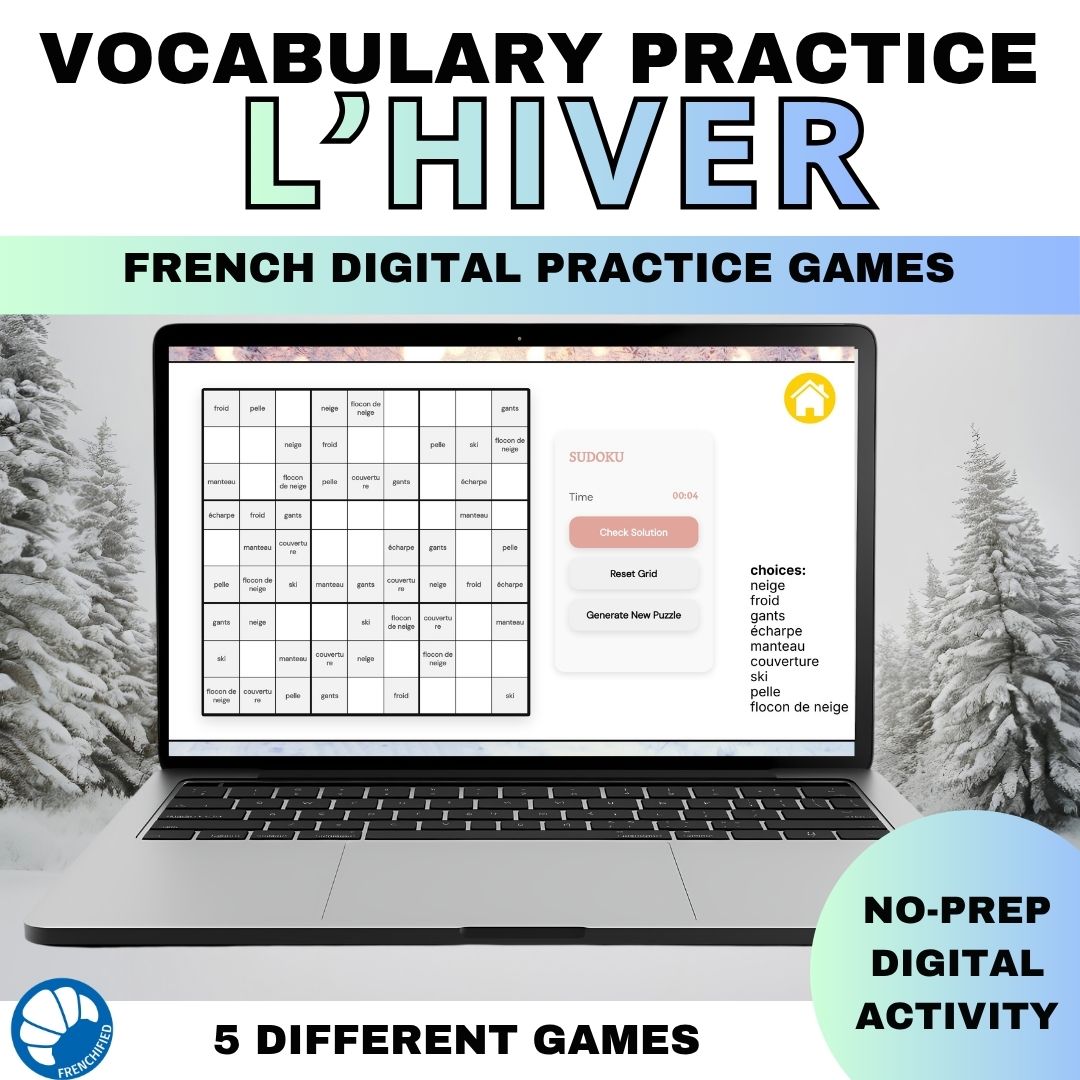 French winter vocabulary activity practice games l'hiver 1 French winter vocabulary